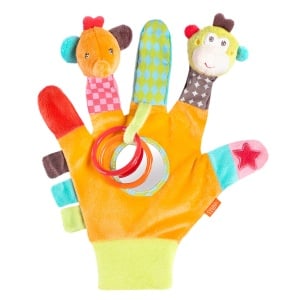 Fehn Play Glove Safari - Papusi cu deget, jucarii pentru copii, maimuta si elefant pentru a apuca si scoate sunete - Papusi de mana pentru copii si bebelusi de la 0+ luni - Manusa de papusa cu jucarie de prindere si zornaitor