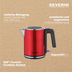 Fierbator SEVERIN 1 L, ceainic electric, filtru de calcar, deschidere XXL, puternic si compact, 100% fara BPA, 2.400 W, otel inoxidabil, rosu, WK 3427 - Img 5