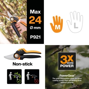 Foarfece de taiere Fiskars Bypass M, seria X PowerGear, P921, cu maner de rulare, pentru ramuri si crengute proaspete, acoperite antiaderente, lame din otel inoxidabil, lungime: 20,1 cm, negru/portocaliu, 1057173 - Img 2
