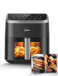 Friteuza cu aer Midea Capacitate 5L, tehnologie HeatXpress cu 90% mai putin ulei, economie de energie si timp cu 7 presetari, fereastra si lumina usor de vizualizat, antiaderent, negru