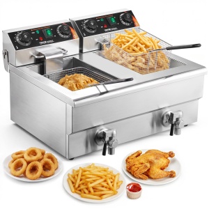 Friteuza electrica VEVOR 2 x 8 L, 3 kW, inox, cu termostat si timer