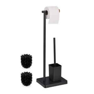 Garnitura WC Relaxdays, 2 in 1, Negru, Design Modern, Inox si Bambus