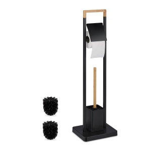 Garnitura WC Relaxdays, Bambus si Otel Inoxidabil, NegruNatural, 2 in 1