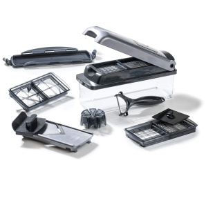 Genius Nicer Dicer Plus (12 bucati) feliator de legume feliator de ceapa cartofi prajiti feliator de fructe feliator de alimente - cuburi/felii/felii/coaja/magazin, A34141, argintiu/negru