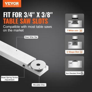 Ghidaj oblic VEVOR, fanta standard 19 x 9,5 mm, ghidaj de ferastrau de masa din aliaj de aluminiu cu gratar de aprox. 61 cm, 15 opritoare unghiulare, piston si disc detasabil, pentru prelucrarea lemnului - Img 2
