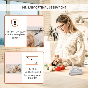 Gigaset Baby 500 Video - Monitor video pentru bebelusi cu transmisie video HD - Tehnologie Secure FHSS - Ecran LCD IPS de 5" - Durata lunga de viata a bateriei - Mod de vedere pe timp de noapte color - Alb crem/Bronz - Img 4