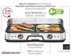 Gratar de masa ROMMELSBACHER 2025, 2 placi de gratar reversibile (canelate si netede), controlabile separat, acoperire ceramica antiaderenta (fara PFAS), temperaturi de pana la 230 degC, cablu de 2 m, 2000 W - Img 6
