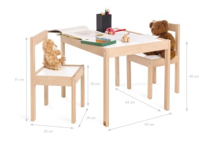 Grup de scaune pentru copii PINOLINO Olaf, 3 piese, din lemn, 2 scaune si 1 masa, pentru copii de la 2 ani, lacuit transparent si decor simplu, alb, masa de pictura pentru copii - Img 3