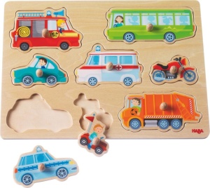 HABA 301940 - Lumea vehiculelor de puzzle de prindere jucarii din lemn de la 12 luni puzzle din lemn din 8 piese cu motive colorate de vehicule cu but - Img 2