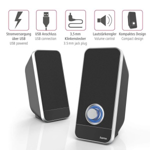 Hama PC Speaker Sonic (USB 3.0, jack 3,5 mm, 3 W, control volum, difuzoare active pentru computere, PC-uri, laptopuri, notebook-uri, smartphone-uri si tablete) negru, 00173133, negru/argintiu - Img 2