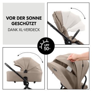 Hauck Set carucior 2 in 1 de la nastere pana la 22 kg Set Move N Care, Landou mare, Scaun carucior reversibil cu functie de inclinare, Maner telescopic, Roti din cauciuc, Suspensie, Protectie UV 50+, Pliabil, Cos XL (Mocha) - Img 6