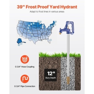 Hidrant de curte rezistent la îngheț VEVOR, robinet exterior rezistent la îngheț de 3,25 FT cu adâncime de îngropare de 12", conexiune țeavă G 3/4" și cuplaj furtun G 3/4", hidrant din fontă rezistent pentru irigații de curte, grădină, fermă - Img 2