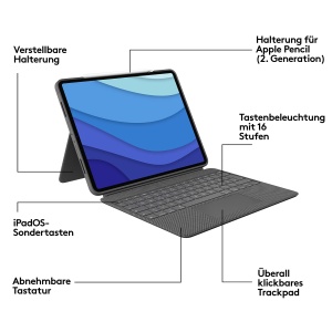 Husa pentru iPad Pro 12.9 inch Logitech Combo Touch - Pan QWERTY, Culoare Grau - Img 8