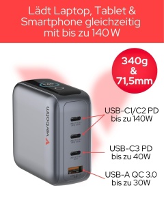 Incarcator Mini Verbatim GaN 140W cu Display, 4 Porturi USB-C si USB-A - Img 4