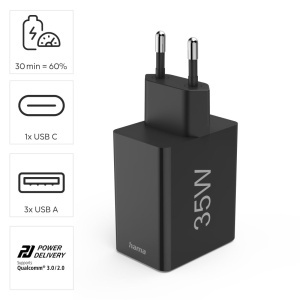 Incarcator rapid Hama 35W 1x USB-C PD 3x USB-A Negru - Img 2