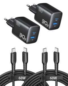 Incarcator rapid INIU 30W USB-C cu cablu de 1,5m, 2 porturi, negru