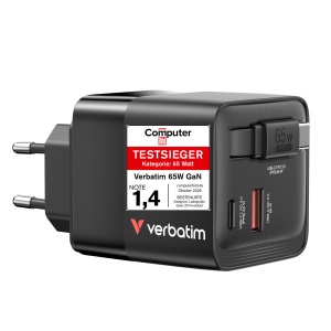 Incarcator Verbatim GaN 65W cu 2 porturi, cablu USB-C retractabil, negru