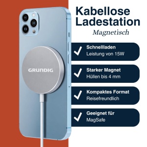 Incarcator wireless Grundig 15W, design magnetic, USB Type-C, argintiu - Img 2