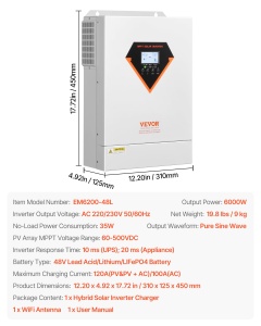 Invertor solar hibrid VEVOR EM6200-48L 6kW MPPT 120A 48V DC la 220230V AC - Img 7
