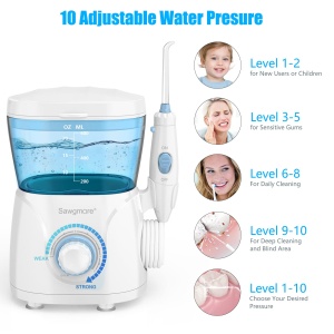Irigator oral electric Sawgmore cu 10 niveluri de presiune si 8 duze, ata dentara profesionala pentru curatarea Zan, rezervor de apa de 600 ml, perfect pentru familie - Img 5