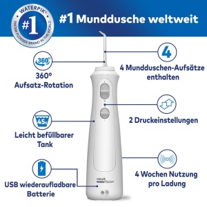 Irigator oral fara fir Waterpik, reincarcabil, curatare electrica a dintilor, ideal pentru indepartarea placii, calatorii sau acasa - alb - Img 2