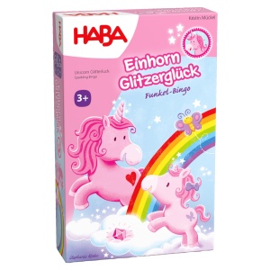 Joc de Bingo HABA Einhorn Glitzergluck pentru 2-4 jucatori, 3 ani, cu cristale