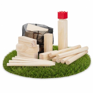 Joc de exterior Kubb Relaxdays din lemn de pin, 2-12 jucatori, cu 30 cm regele rosu
