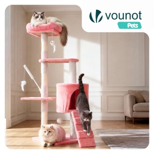 Kratzbaum pentru pisici VOUNOT 112 cm, roz, multifunctional si stabil - Img 2