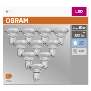 Lampa reflectorizanta Osram LED Base PAR16, cu baza GU10, nereglabila, inlocuieste 50 wati, unghi de fascicul de 36deg, alb rece - kelvin, pachet de 10 - Img 2