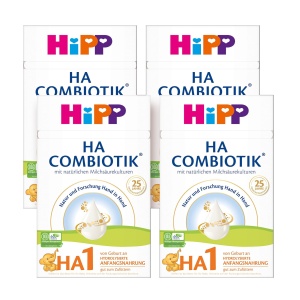 Laptele praf HiPP HA 1 Combiotik 4 x 600g pentru bebelusi cu sistem imunitar sensibil