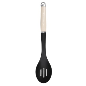 Lingura perforata KitchenAid Nylon Slotted Spoon Almond Cream rezistenta la caldura compatibila cu vase antiaderente