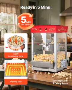 Masina de Facut Popcorn VEVOR NP08T, 800 W, 48 Tasse, Culoare Rosie - Img 4