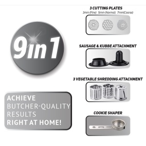 Masina de tocat carne 9 in 1 | 2100W | 3 discuri perforate | Functia inversa | Atasament pentru carnati | Accesoriu pentru biscuiti | O multime de accesorii | Carne de lup | Tocatoare | Masina electrica de carnati | Umplutura de carnati - Img 8