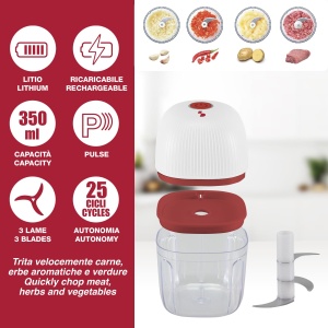 Mini tocator reincarcabil Beper P102ROB051 350 ml 3 lame din otel inoxidabil rosualb - Img 2