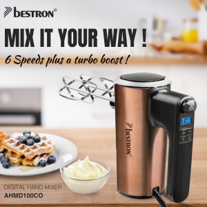 Mixer de mana Bestron Power, mixer de mana puternic cu 6 niveluri, functie Turbo si afisaj LCD, mixer incl. 2 teluri si 2 carlige pentru aluat, usor de 1 kg, culoare: cupru - Img 2