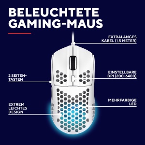 Mouse Gaming Trust Gaming GXT 928 Helox, Mouse USB cu fir ultrausor 65g, DPI reglabil (200-6400), Senzor optic, 6 butoane programabile, Iluminare RGB pentru PC de gaming MMO - Alb - Img 2