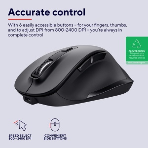 Mouse wireless reincarcabil Trust Fyda, design durabil, 800-2400 DPI, 6 butoane, suport pentru degetul mare si degete, 2,4 GHz, mouse wireless cu receptor USB, mouse ergonomic pentru laptop, PC, MacBook, birou - Img 2
