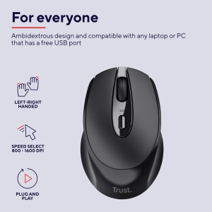Mouse wireless reincarcabil Trust Zaya (mouse fara fir cu micro receptor USB, potrivit pentru dreptaci si stangaci, 4 butoane, 800/1200/1600 DPI) Negru - Img 2