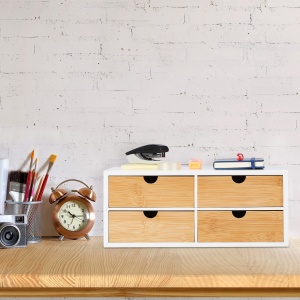 Organizer birou Relaxdays, 4 sertare, MDF alb si bambus, 14 x 33 x 21 cm - Img 2
