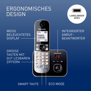 Panasonic KX-TG6822GB Telefon fara fir DECT cu robot telefonic (radiatii reduse, mod eco, telefon cu plafon, telefon fix, blocare apeluri, DUO) negru - Img 2