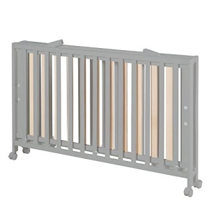 Pat pliabil pentru copii roba Fold Up 60x120 cm din lemn reglabil pe inaltime cu roti si frane Taupe - Img 4