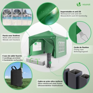 Pavilion VOUNOT 3x3m, impermeabil, cu 4 laterale si 4 saci cu nisip, verde - Img 5
