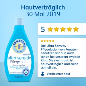 PENATEN Ultra Sensitive Care Lotiune fara parfum (400ml), formulata fara coloranti Lotiune de corp pentru bebelusi pentru ingrijirea pielii bebelusului predispusa la neurodermatita, lotiune de corp special conceputa pentru nou-nascuti - Img 6