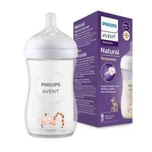 Philips Avent Baby Bottle Natural Response - Biberon, 260 ml, fara BPA, pentru bebelusi de la 1 luna, motiv girafa (model SCY903/66)