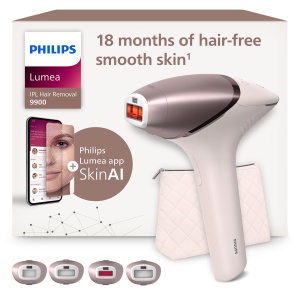 Philips Lumea 9900 Series, dispozitiv de epilare IPL, alternativa la epilarea cu laser, tehnologie SenseIQ si SkinAI, 4 atasamente pentru corp, fata, linia bikinilor, baterie si functionare la retea, BRI951/00