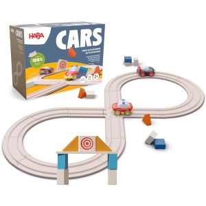 Pista de curse HABA Cars 27 piese din lemn, cu 2 masini, ecologic, pentru copii de la 2 ani
