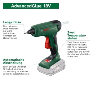 Pistol de lipit Bosch AdvancedGlue 18V, fara acumulator, incalzire rapida, mod dual temperatura - Img 3