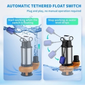 Pompă submersibilă de apă VEVOR, 2200W 60000L/H, cu cablu de 8 m și plutitor automat, oțel inoxidabil portabil pentru scurgeri murdare sau curate, inundații, iazuri de grădină goale, piscine, căzi - Img 4