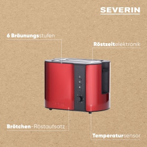 Prajitor de paine automat SEVERIN, aparat de prajit cu accesoriu pentru rola, otel inoxidabil de inalta calitate, pentru prajire, dezghetare si incalzire, 800 W, rosu foc metalizat / negru, AT 2217 - Img 4