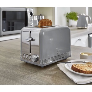 Prajitor de paine cu fante largi Swan Retro ST19010GRNEU cu 2 felii, design vintage, 3 functii: dezghetare/reincalzire/anulare, 6 controlere de nivel de paine prajita, otel inoxidabil, gri, 815W - Img 2